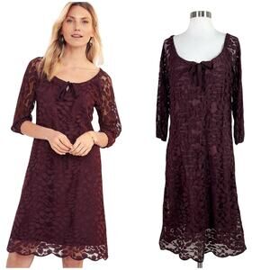 Garnet Hill | Boheme Plum Brown Lace Easy Tie Scoop Neck 3/4 Sleeve Dress 12 EUC